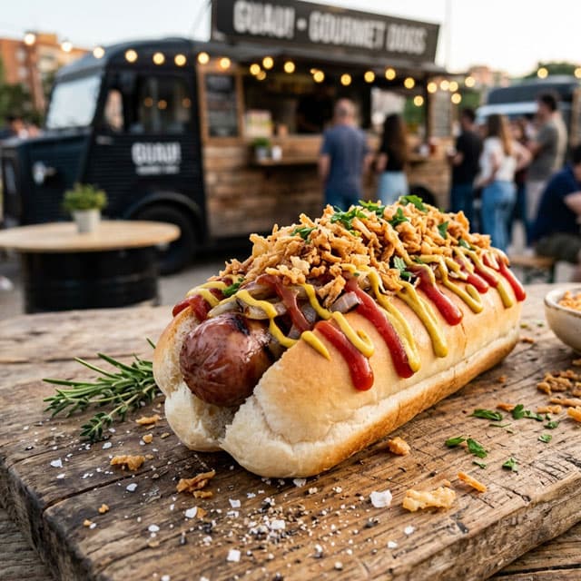 Hotdog alemán y hamburguesa de Qué Bo Está Food Truck listos para un evento en Galicia