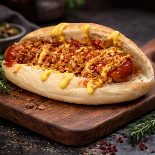 Hotdog alemán con salchicha XXL, cebolla crujiente y salsa de Qué Bo Está Food Truck
